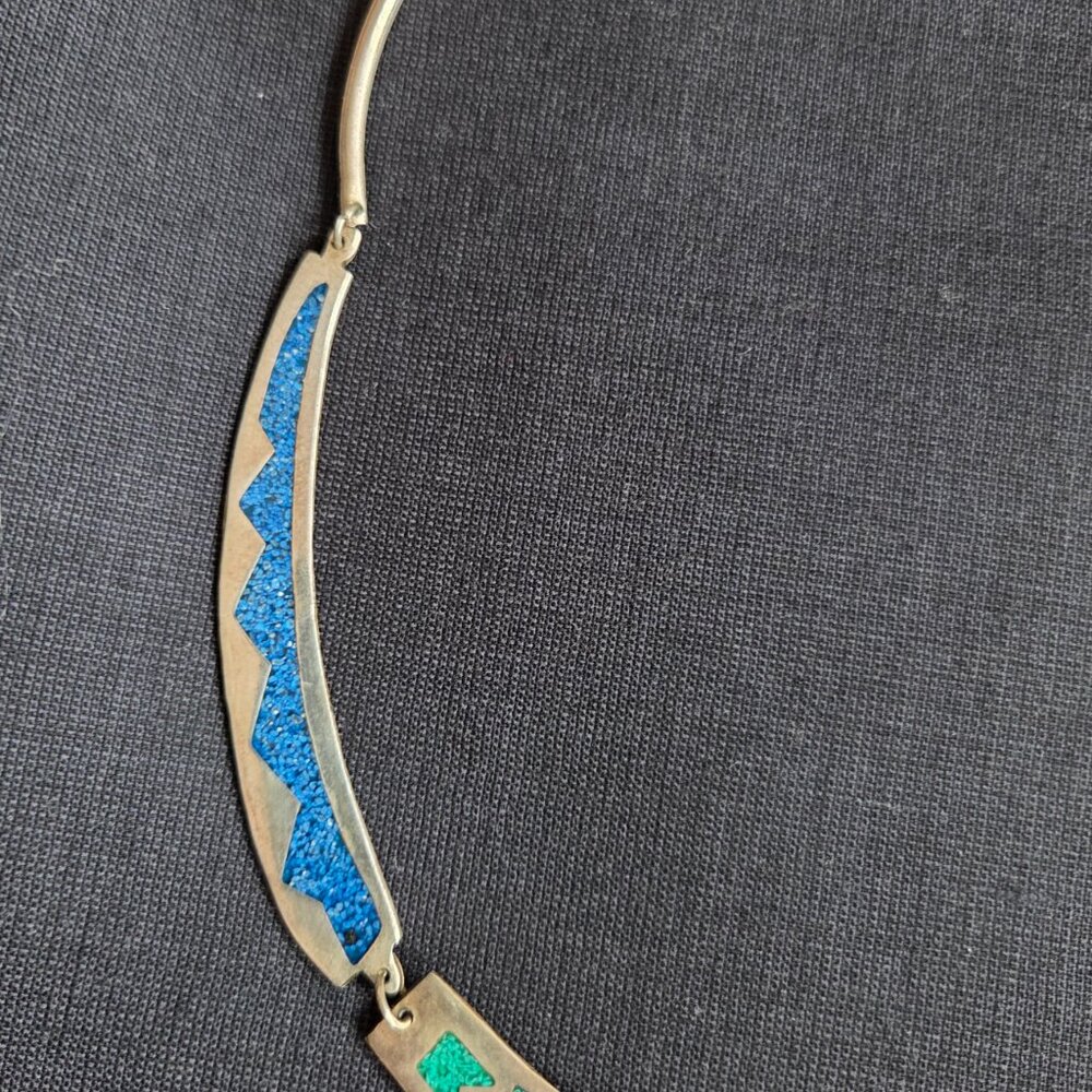 Vintage Aztec style bib choker necklace pendant Alpaca silver Mexico. - Picture 4 of 9